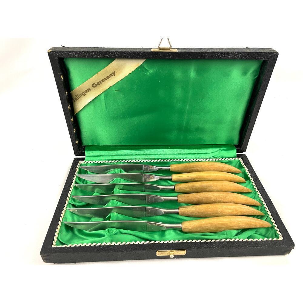 VTG Set of 6 Peaso Solingen‎ Stainless Steel Steak Knives Wooden Handles